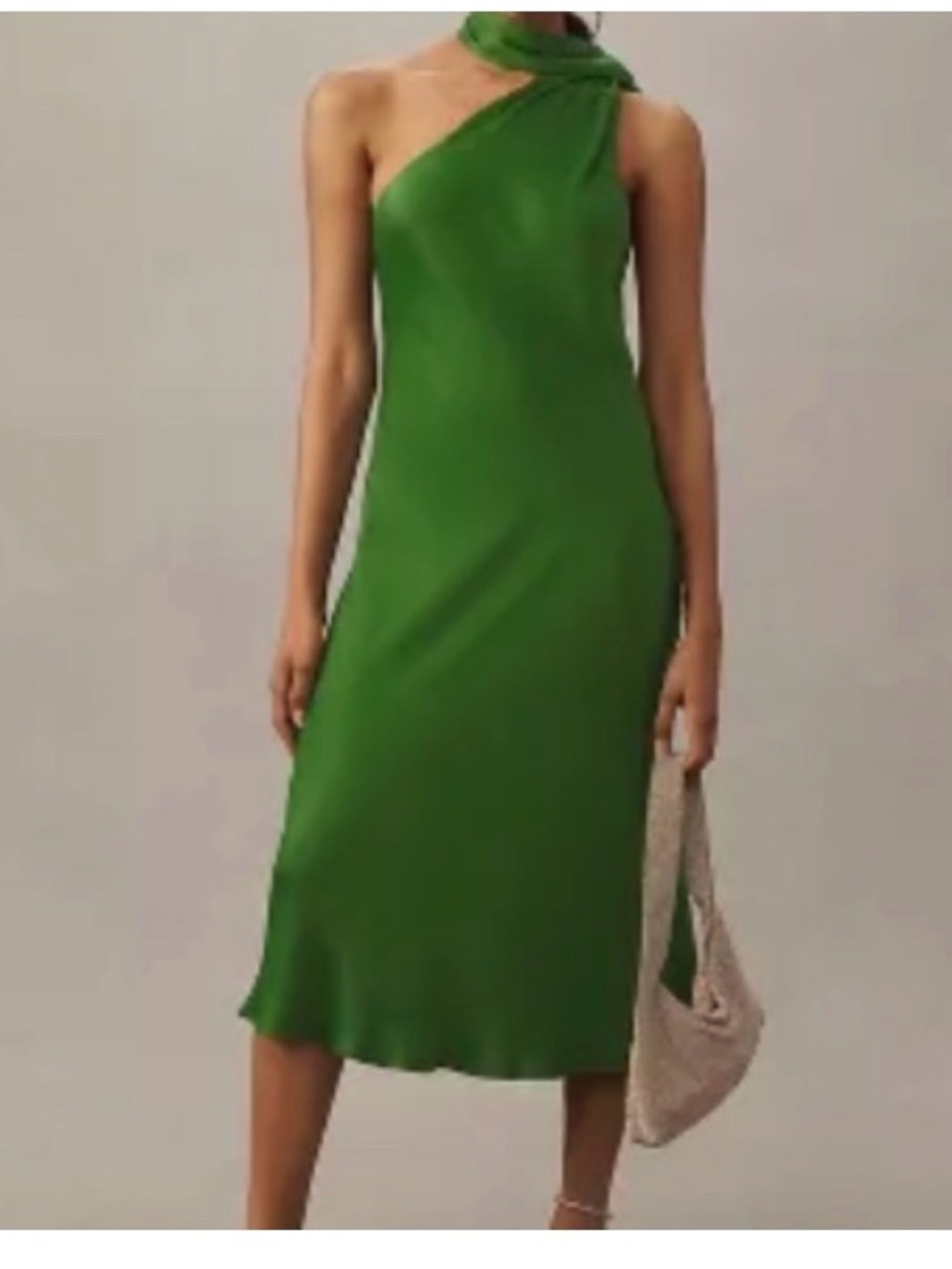 BHLDN Nicoletta One-Shoulder Scarf Satin Midi Dress in Green